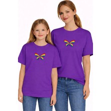 Vodexa Anne Kız Çocuk Kombin Oversize Tişört Twin T-Shirt Renkli Kelebek Baskılı