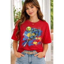 Vodexa Unisex Oversize Tennis Baskılı T-Shirt %100 Pamuk Tenis Temalı Rahat Kalıp Kısa Kollu Tişört