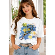 Vodexa Unisex Oversize Tennis Baskılı T-Shirt %100 Pamuk Tenis Temalı Rahat Kalıp Kısa Kollu Tişört