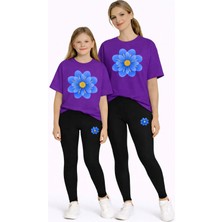 Vodexa Anne Kız Çocuk Kombin Oversize Tişört Twin T-Shirt Mavi Sarı Çiçek Baskılı