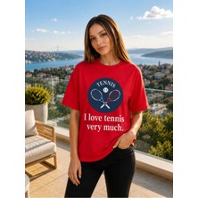 Vodexa Unisex Oversize Tennis Baskılı T-Shirt %100 Pamuk Tenis Temalı Rahat Kalıp Kısa Kollu Tişört