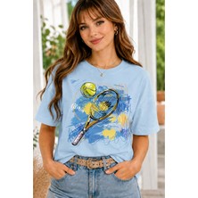 Vodexa Unisex Oversize Tennis Baskılı T-Shirt %100 Pamuk Tenis Temalı Rahat Kalıp Kısa Kollu Tişört