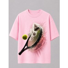 Vodexa Unisex Oversize Tennis Baskılı T-Shirt %100 Pamuk Tenis Temalı Rahat Kalıp Kısa Kollu Tişört
