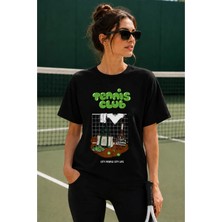 Vodexa Unisex Oversize Tennis Baskılı T-Shirt %100 Pamuk Tenis Temalı Rahat Kalıp Kısa Kollu Tişört