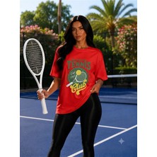 Vodexa Unisex Oversize Tennis Baskılı T-Shirt %100 Pamuk Tenis Temalı Rahat Kalıp Kısa Kollu Tişört