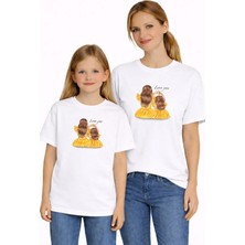 Vodexa Anne Kız Çocuk Kombin Oversize Tişört Twin T-Shirt Sarı Elbise Baskılı