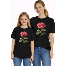 Vodexa Anne Kız Çocuk Kombin Oversize Tişört Twin T-Shirt Kırmızı Gül Baskılı
