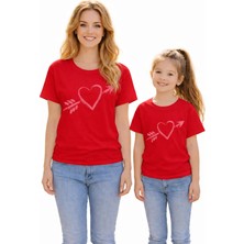 Vodexa Anne Kız Kombin Oversize Tişört Twin T-Shirt Anne Cocuk Oklu Kalp Baskılı (Tekli Satılmaktadır)