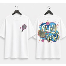 Vodexa Unisex Oversize Tennis Baskılı T-Shirt %100 Pamuk Tenis Temalı Rahat Kalıp Kısa Kollu Tişört