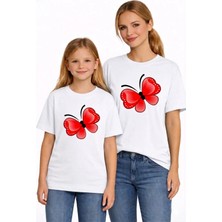 Vodexa Anne Kız Çocuk Kombin Oversize Tişört Twin T-Shirt Kırmızı Kelebek Baskılı