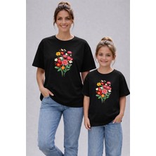 Vodexa Anne Kız Çocuk Kombin Oversize Tişört Twin T-Shirt Demet Çiçek Baskılı (Tekli Satılmaktadır)
