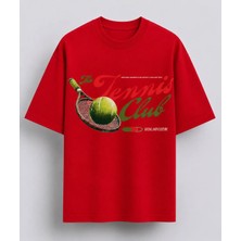 Vodexa Unisex Oversize Tennis Baskılı T-Shirt %100 Pamuk Tenis Temalı Rahat Kalıp Kısa Kollu Tişört