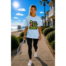 Vodexa Unisex Oversize Tennis Baskılı T-Shirt %100 Pamuk Tenis Temalı Rahat Kalıp Kısa Kollu Tişört