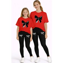 Vodexa Anne Kız Çocuk Kombin Oversize Tişört Twin T-Shirt Siyah Kurdela Baskılı