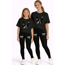 Vodexa Anne Kız Çocuk Kombin Oversize Tişört Twin T-Shirt Siyah Kurdela Baskılı