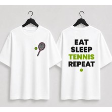 Vodexa Unisex Oversize Tennis Baskılı T-Shirt %100 Pamuk Tenis Temalı Rahat Kalıp Kısa Kollu Tişört