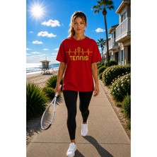 Vodexa Unisex Oversize Tennis Baskılı T-Shirt %100 Pamuk Tenis Temalı Rahat Kalıp Kısa Kollu Tişört