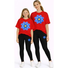 Vodexa Anne Kız Çocuk Kombin Oversize Tişört Twin T-Shirt Mavi Sarı Çiçek Baskılı