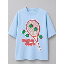 Vodexa Unisex Oversize Tennis Baskılı T-Shirt %100 Pamuk Tenis Temalı Rahat Kalıp Kısa Kollu Tişört