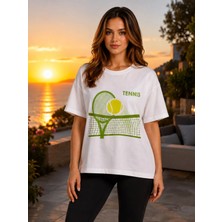 Vodexa Unisex Oversize Tennis Baskılı T-Shirt %100 Pamuk Tenis Temalı Rahat Kalıp Kısa Kollu Tişört