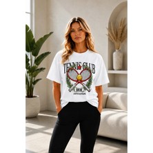 Vodexa Unisex Oversize Tennis Baskılı T-Shirt %100 Pamuk Tenis Temalı Rahat Kalıp Kısa Kollu Tişört