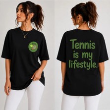 Vodexa Unisex Oversize Tennis Baskılı T-Shirt %100 Pamuk Tenis Temalı Rahat Kalıp Kısa Kollu Tişört