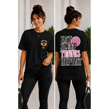 Vodexa Unisex Oversize Tennis Baskılı T-Shirt %100 Pamuk Tenis Temalı Rahat Kalıp Kısa Kollu Tişört