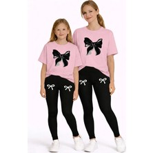 Vodexa Anne Kız Çocuk Kombin Oversize Tişört Twin T-Shirt Siyah Kurdela Baskılı