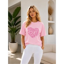 Vodexa Unisex Oversize Tennis Baskılı T-Shirt %100 Pamuk Tenis Temalı Rahat Kalıp Kısa Kollu Tişört
