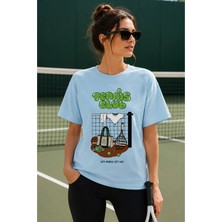 Vodexa Unisex Oversize Tennis Baskılı T-Shirt %100 Pamuk Tenis Temalı Rahat Kalıp Kısa Kollu Tişört