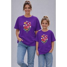 Vodexa Anne Kız Çocuk Kombin Oversize Tişört Twin T-Shirt Demet Çiçek Baskılı (Tekli Satılmaktadır)
