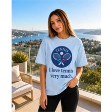 Vodexa Unisex Oversize Tennis Baskılı T-Shirt %100 Pamuk Tenis Temalı Rahat Kalıp Kısa Kollu Tişört