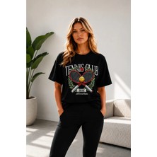Vodexa Unisex Oversize Tennis Baskılı T-Shirt %100 Pamuk Tenis Temalı Rahat Kalıp Kısa Kollu Tişört