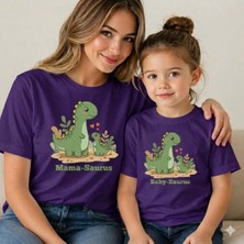 Vodexa Anne Kız Sevimli Dinazor Baskılı Oversize Tişört Twin T-Shirt %100 Pamuk Rahat Kalıp