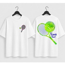 Vodexa Unisex Oversize Tennis Baskılı T-Shirt %100 Pamuk Tenis Temalı Rahat Kalıp Kısa Kollu Tişört