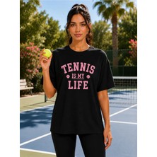 Vodexa Unisex Oversize Tennis Baskılı T-Shirt %100 Pamuk Tenis Temalı Rahat Kalıp Kısa Kollu Tişört