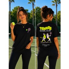 Vodexa Unisex Oversize Tennis Baskılı T-Shirt %100 Pamuk Tenis Temalı Rahat Kalıp Kısa Kollu Tişört
