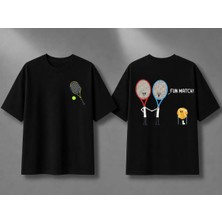 Vodexa Unisex Oversize Tennis Baskılı T-Shirt %100 Pamuk Tenis Temalı Rahat Kalıp Kısa Kollu Tişört
