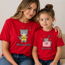 Vodexa Anne Kız Baby Cat Oversize Tişört Twin T-Shirt %100 Pamuk Rahat Kalıp