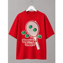 Vodexa Unisex Oversize Tennis Baskılı T-Shirt %100 Pamuk Tenis Temalı Rahat Kalıp Kısa Kollu Tişört