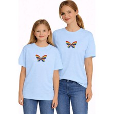 Vodexa Anne Kız Çocuk Kombin Oversize Tişört Twin T-Shirt Renkli Kelebek Baskılı