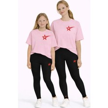 Vodexa Anne Kız Çocuk Kombin Oversize Tişört Twin T-Shirt Kuyruklu Yıldız Baskılı