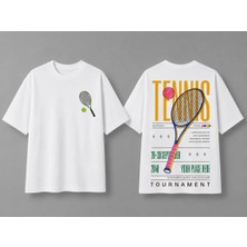 Vodexa Unisex Oversize Tennis Baskılı T-Shirt %100 Pamuk Tenis Temalı Rahat Kalıp Kısa Kollu Tişört