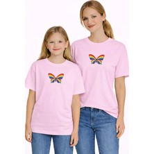 Vodexa Anne Kız Çocuk Kombin Oversize Tişört Twin T-Shirt Renkli Kelebek Baskılı