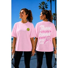 Vodexa Unisex Oversize Tennis Baskılı T-Shirt %100 Pamuk Tenis Temalı Rahat Kalıp Kısa Kollu Tişört