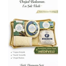 Kazan Hobi 5'li Hediye Banyo Seti – 4 Adet Türk Hamam Zeytinyağlı Sabun - 1 Adet Süngerli Sabun ve Kabak Lifli Kese ve Tepsili