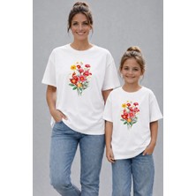 Vodexa Anne Kız Çocuk Kombin Oversize Tişört Twin T-Shirt Demet Çiçek Baskılı (Tekli Satılmaktadır)