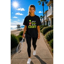 Vodexa Unisex Oversize Tennis Baskılı T-Shirt %100 Pamuk Tenis Temalı Rahat Kalıp Kısa Kollu Tişört