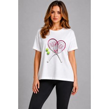 Vodexa Unisex Oversize Tennis Baskılı T-Shirt %100 Pamuk Tenis Temalı Rahat Kalıp Kısa Kollu Tişört