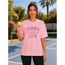 Vodexa Unisex Oversize Tennis Baskılı T-Shirt %100 Pamuk Tenis Temalı Rahat Kalıp Kısa Kollu Tişört